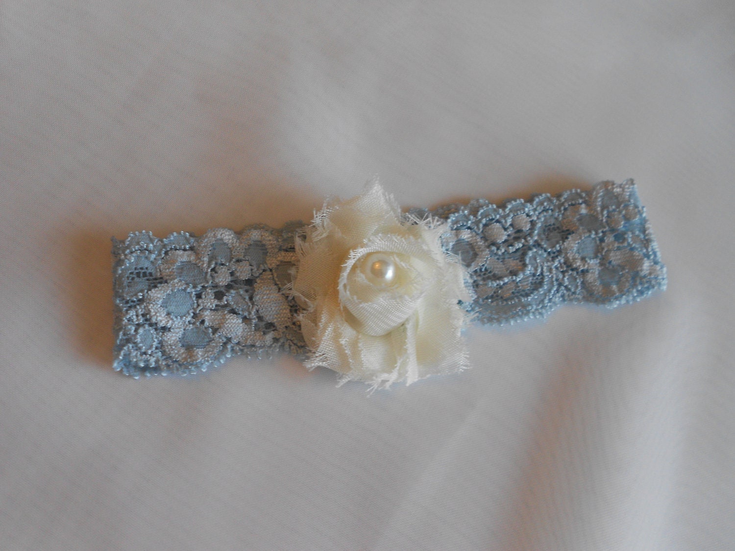 Beautiful Chiffon Rosette on Something Blue Stretch Lace Wedding Garter  Pearl Center Ivory or White