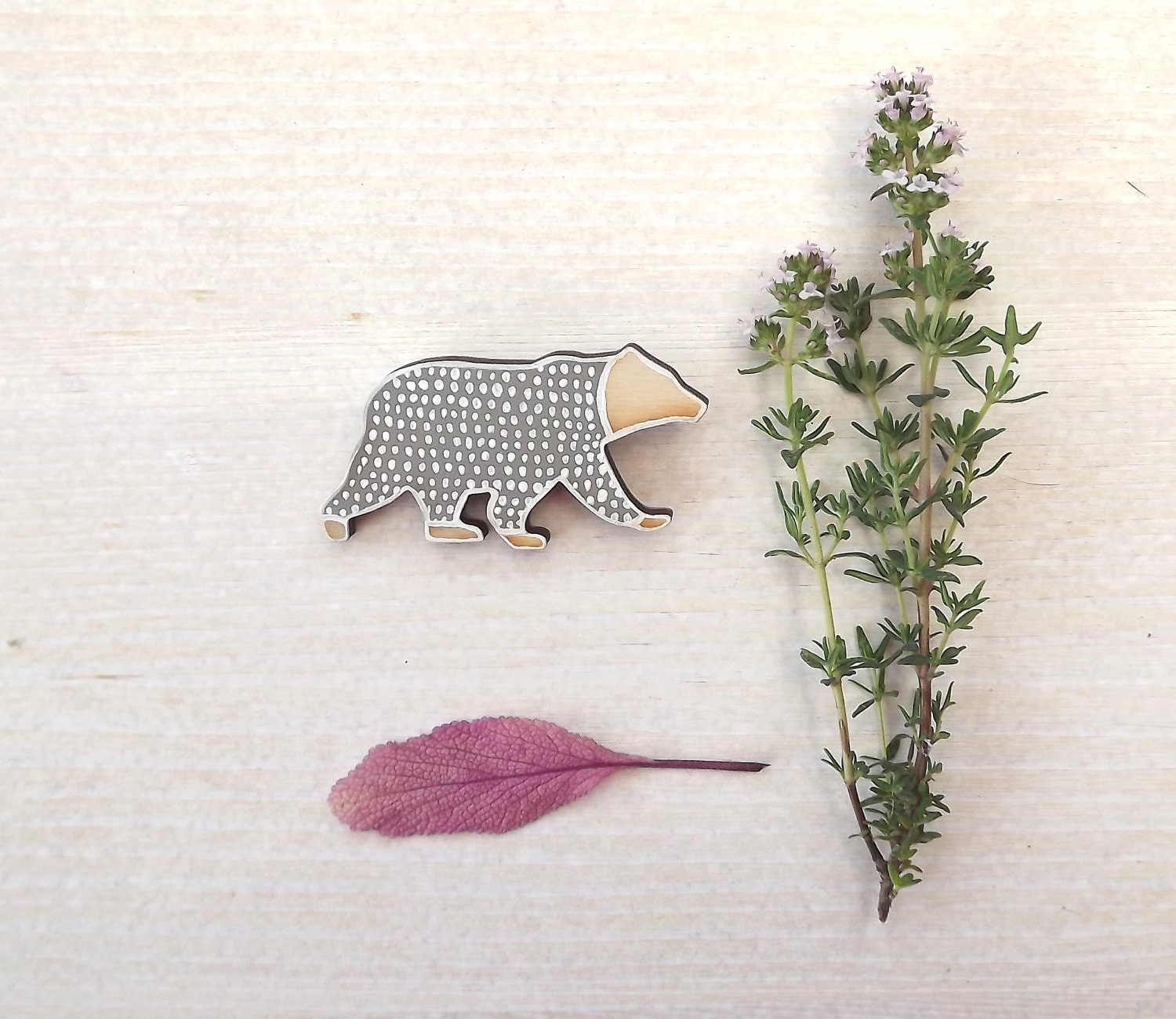 Eco friendly Brooch Bear White Gray - Doodle Bear
