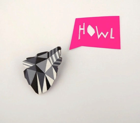 Geometric Wolf Brooch - Black and White