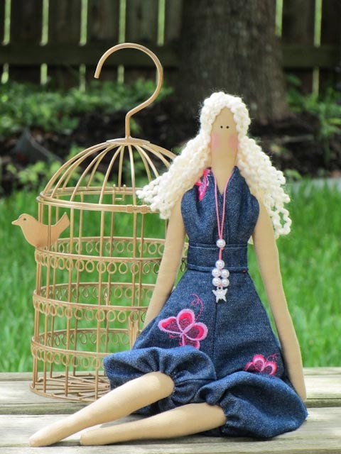 Cute fabric doll art doll - lovely cloth doll blonde,stuffed doll, handmade doll in modern denim clothing- gift for girls. Collectible doll