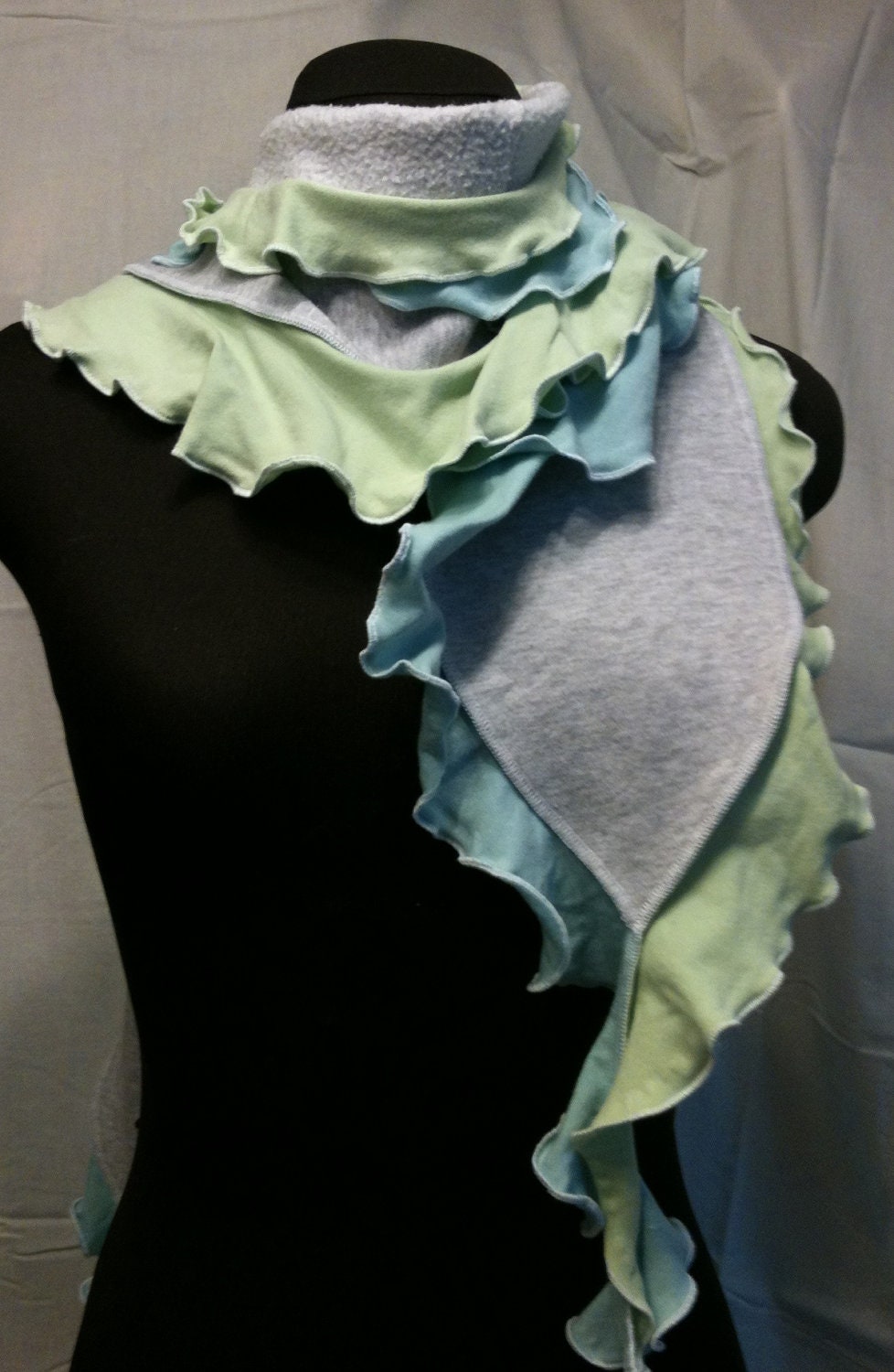 upcycled jersey ruffle scarf blue green grey