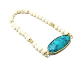 Bliss -- turquoise statement stretchy bracelet with white riverstone and gold accents