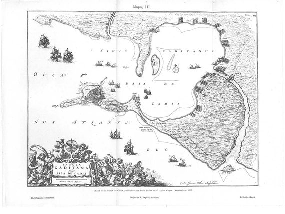 Map Bay of Cádiz Vintage Reproduction 1672   Insula Gaditana Vulgo Isla de Cádiz
