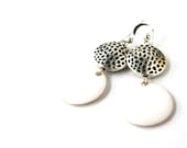 White Enamel Nickel Free Earrings with Hammered Metal Coin, Modern Minimalist Jewelry