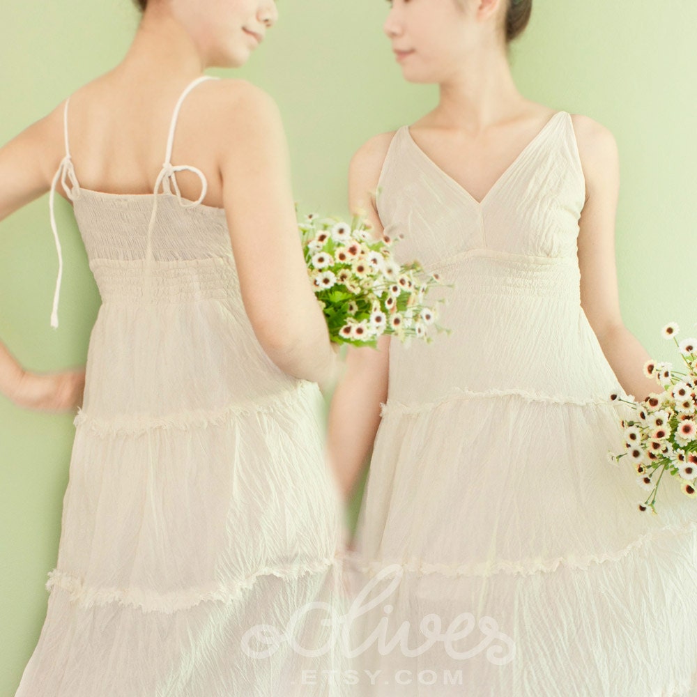 Maxi Dress in Off White, Smocked Back, Tied Shoulder Straps
