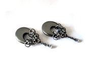 Wire wrapped silver earrings, dangle long earrings with oval Hematite donuts, black, grey, titanium - NurrgulaJewellery