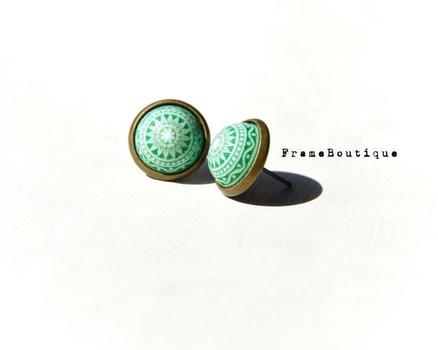 Green & White Cabochon Studs, Geometric Mosaic Earrings, Boho Chic Antiqued Brass