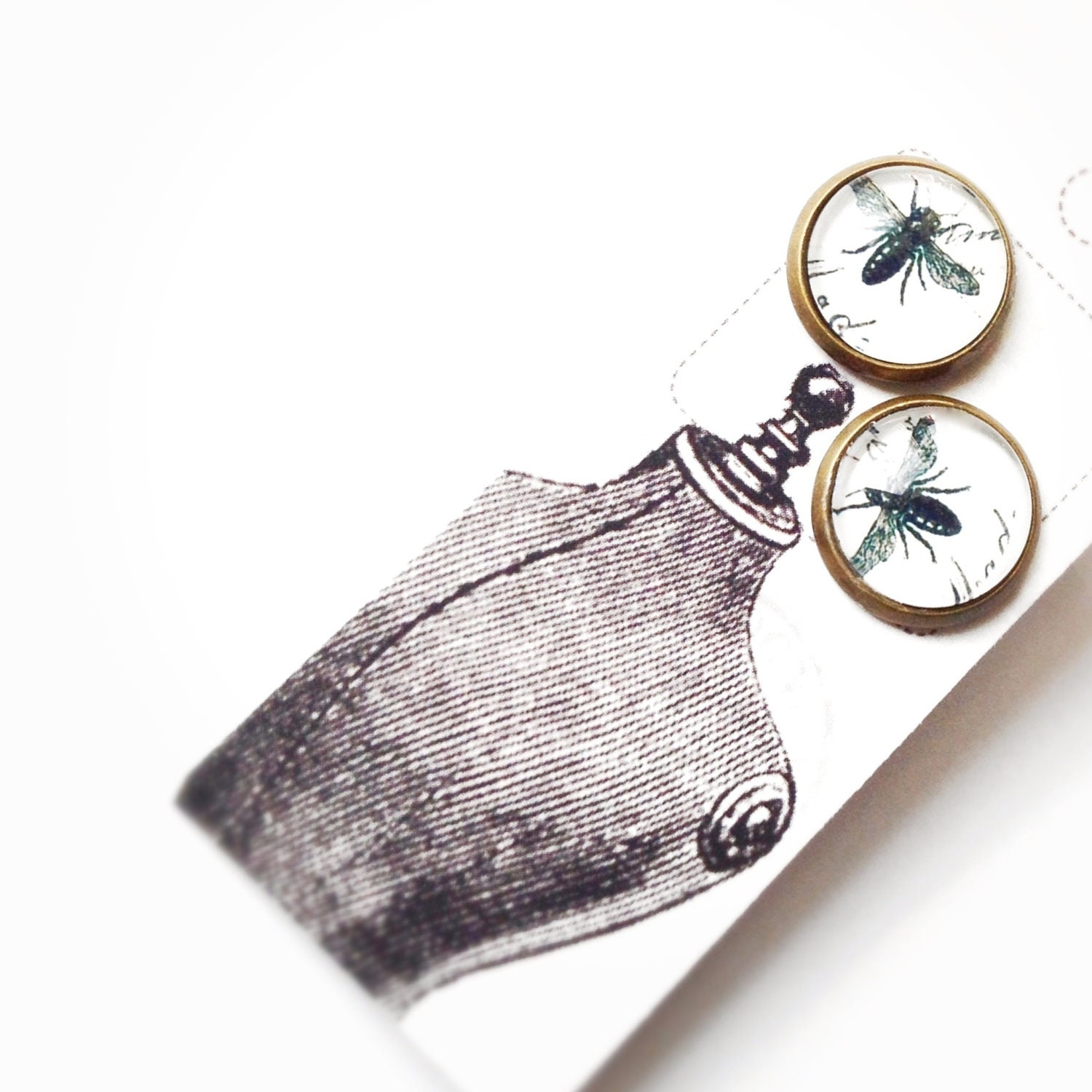 Honey Bee Earrings, Vintage Cabochon Botanical Botany Studs, Boho Chic Bumble Bee Brass
