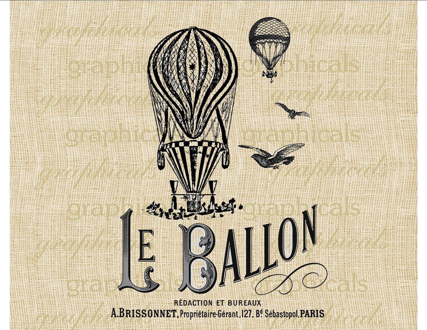 Vintage French balloon ad Birds Digital download image for iron on fabric transfer burlap decoupage pillows or framed No. 302
