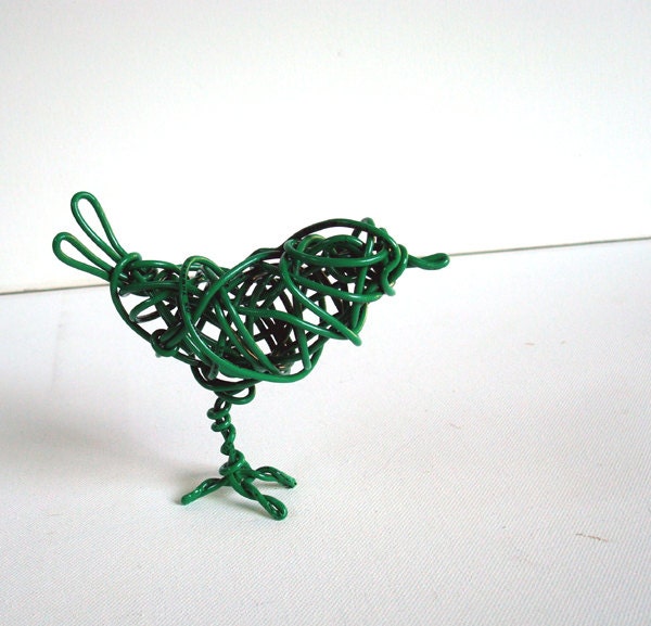 Unique Wire Bird Sculpture - a LITTLE GREEN Bird - One of a Kind Sculpture