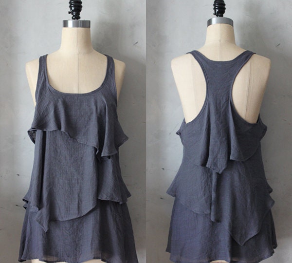 RAIN - Romantic gray flowy tier blouse // tunic // tank top // racerback // charcoal grey // sleeveless