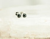 Tiny Hematite Stud Earrings - Sterling Silver Gunmetal Gray Wire Wrapped Gemstone Rounds - Courage, Protection, Healing