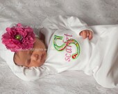 Baby Girl Gown or Onesie with Rhinestone Flower Beanie Hat - Lime Green and Hot Pink  Initial Applique - Newborn thru 12 months