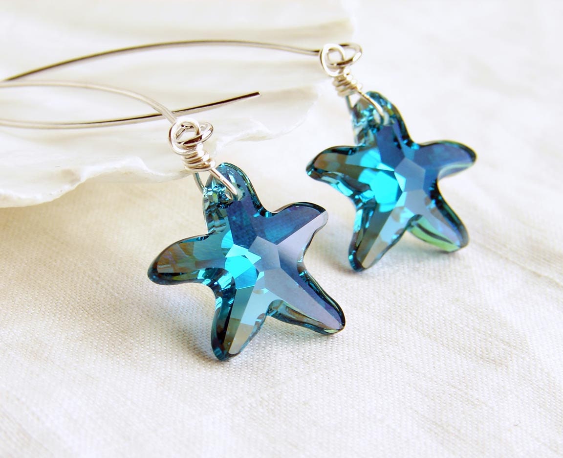 Starfish Earrings. Swarovski Crystal Bermuda Blue Starfish. Summer Fashion. Simple Modern Jewelry by Smallbluethings