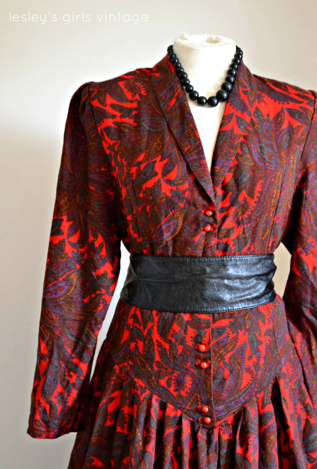 1950s Style Dress- 1970s made red paisley dress Vintage Fashion (large size) Fall Fashion// "Fiery Lady Dress" from Lesley's Girls Vintage