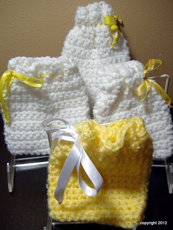 Set of 4 White and Yellow Crochet Gift Bags