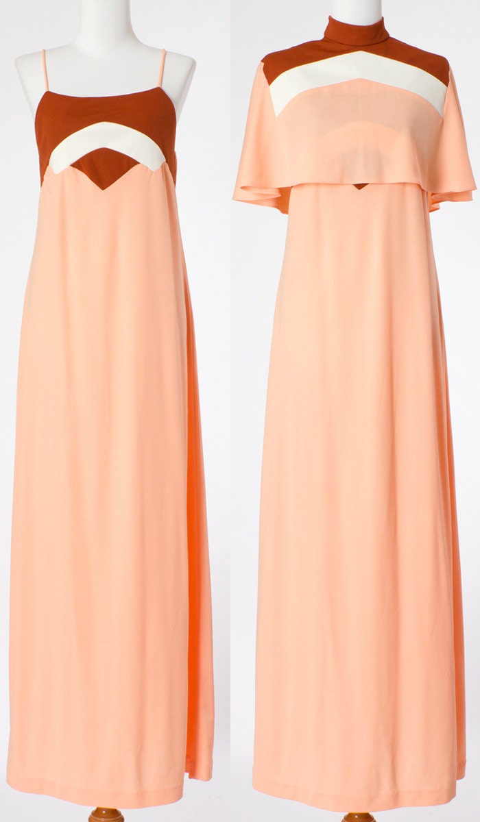 70s Vintage Dress Maxi Dress Formal Pink Coral Cape Small Medium