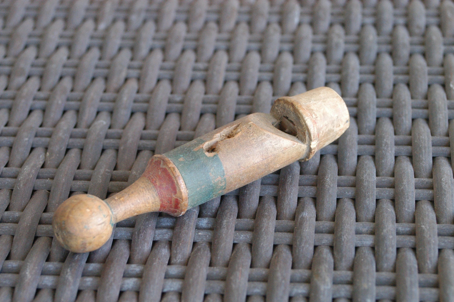 Vintage Wooden Whistle with Red and Blue Accents Working Whistle Childs Train Whistle Classic American Toy