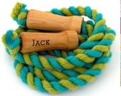 Wool and organic cotton jump rope kit in custom colors with personalized wooden handles and a rope twisting tutorial