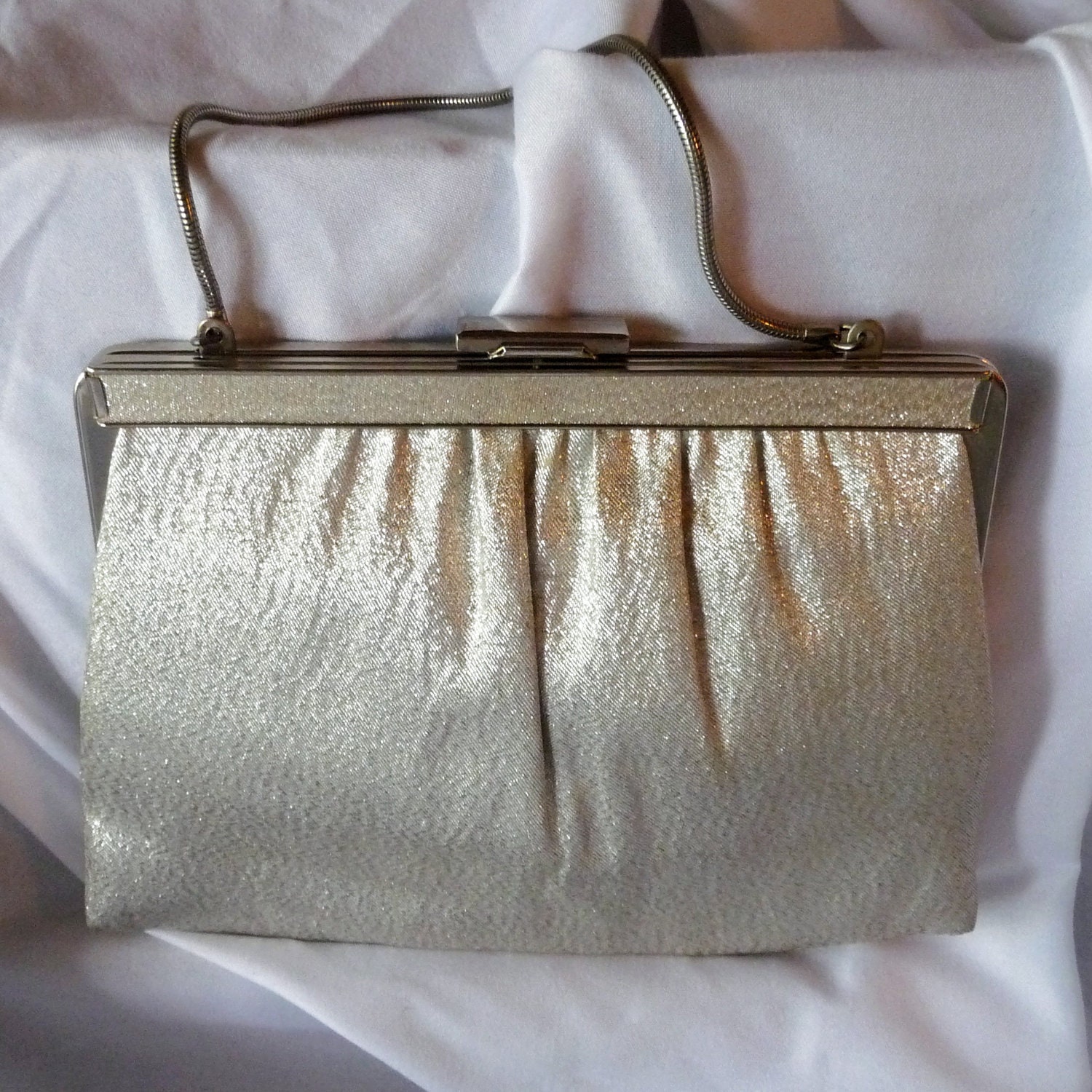 Vintage 1960's Andé Silver Metallic Sparkly Kimono Fabric Purse with Chain Strap and Strong Clasp
