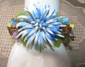Hand Crafted By ME Vintage Victorian Spider Blue Floral Rhinestone Garden Costume Jewelry Bracelet Cuff