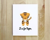 T is for Tiger woodland jungle exotic animal alphabet nursery portrait illustration