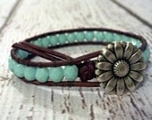 Sunflower Leather Wrap Bracelet, Southwest Chic Leather Wrap Turquoise Bracelet, Boho