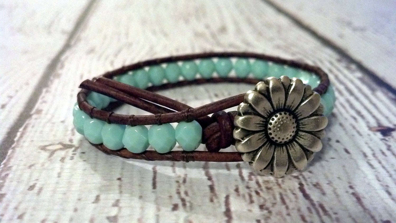 Sunflower Leather Wrap Bracelet, Southwest Chic Leather Wrap Turquoise Bracelet, Boho