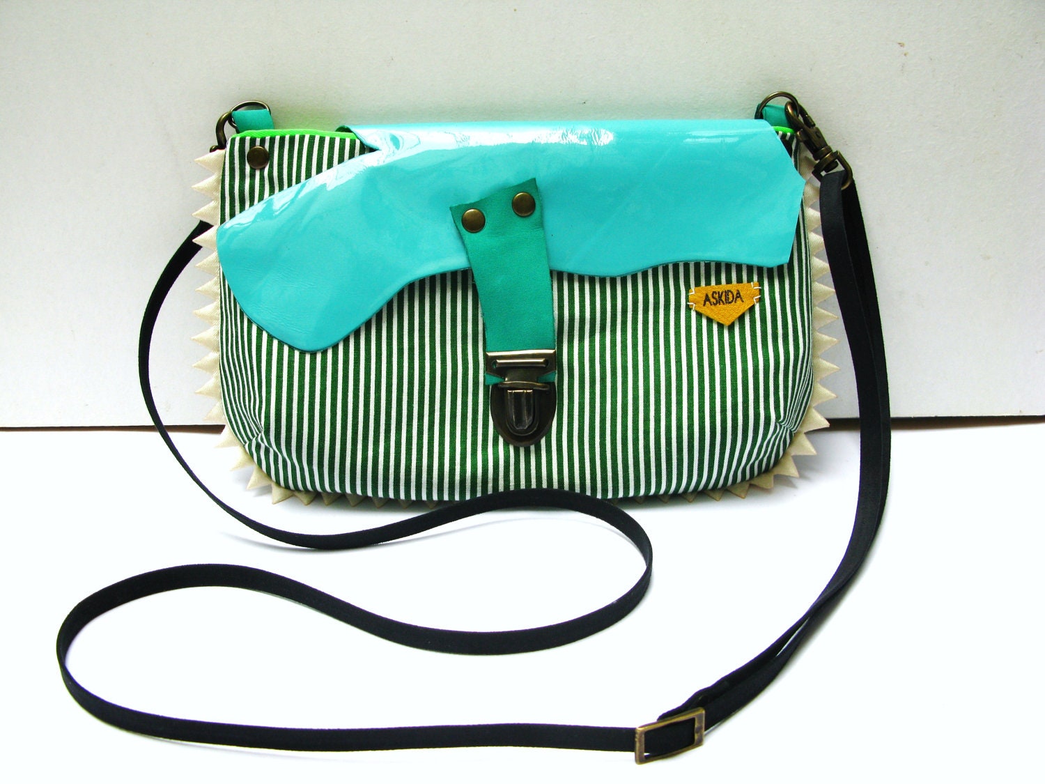 Green & White Striped Cotton Cross Body Clutch Purse with Turquoise Raw Edge Patent Leather Flap Adjustable Detachable Faux Suede Strap OOAK