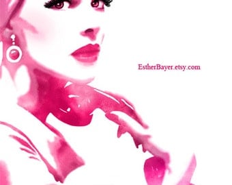 Pink Vintage 50s inspired Mixed Media Watercolor Fashion Illustration Painting Print
