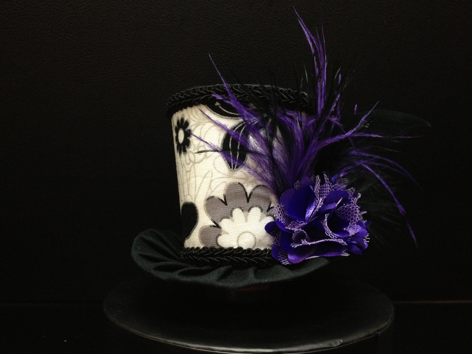 Black, White and Purple Mini Top Hat.  Great for Birthday Parties, Tea Parties, Photo Prop, Girls Night Out and Much More...