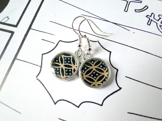 Black and Gold Earrings, Resin Jewelry, Japanese Yuzen Chiyogami Washi, Origami paper, Silver Plated, Gift under 15