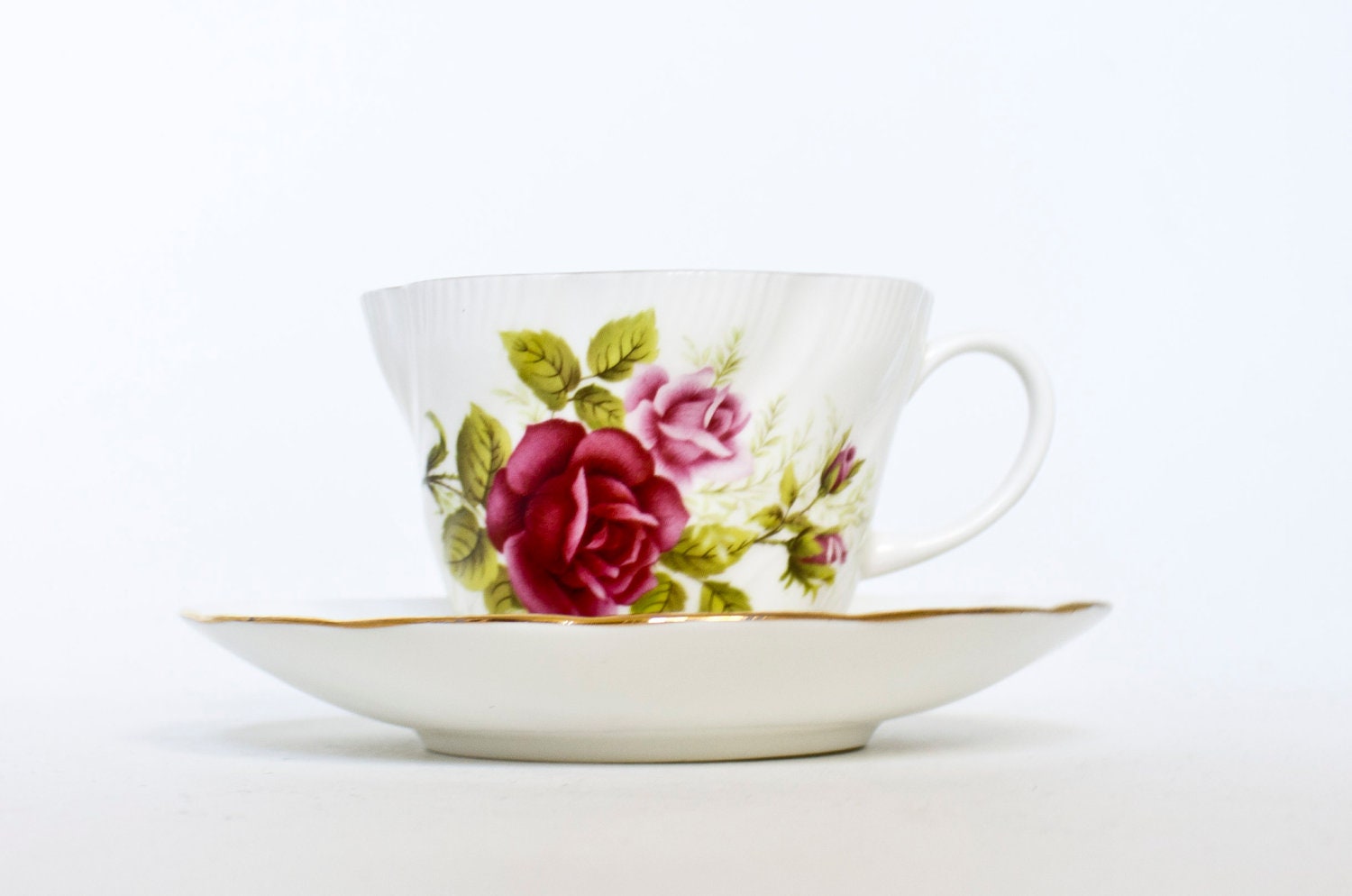Vintage Tea Cup & Saucer Set Bone China Rose Design Free Shipping