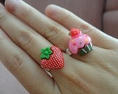 Pink Cupcake and Red Strawberry Resin Rings - adjustable silver decoden gift set of 2 sweet lolita harajuku decora japan