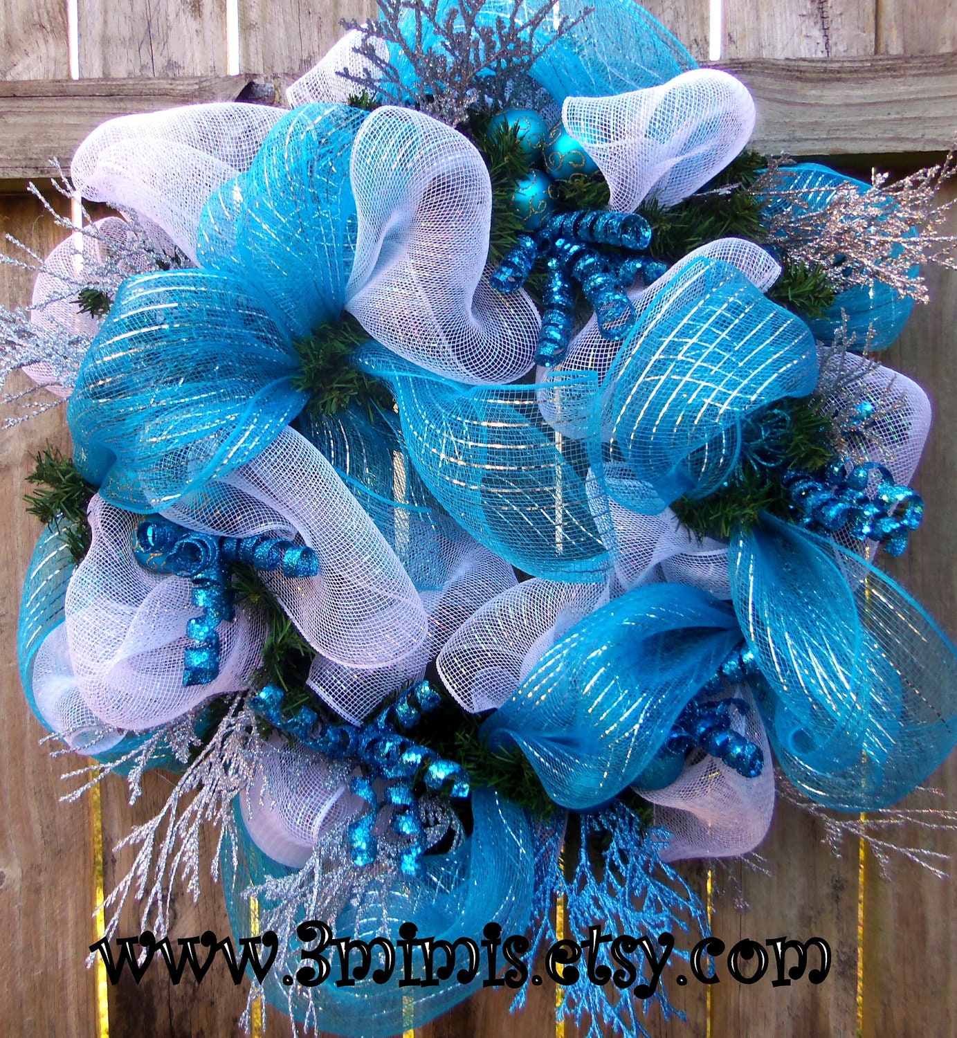Indoor/ Outdoor Wreath Blue and Silver Metalic Deco Mesh