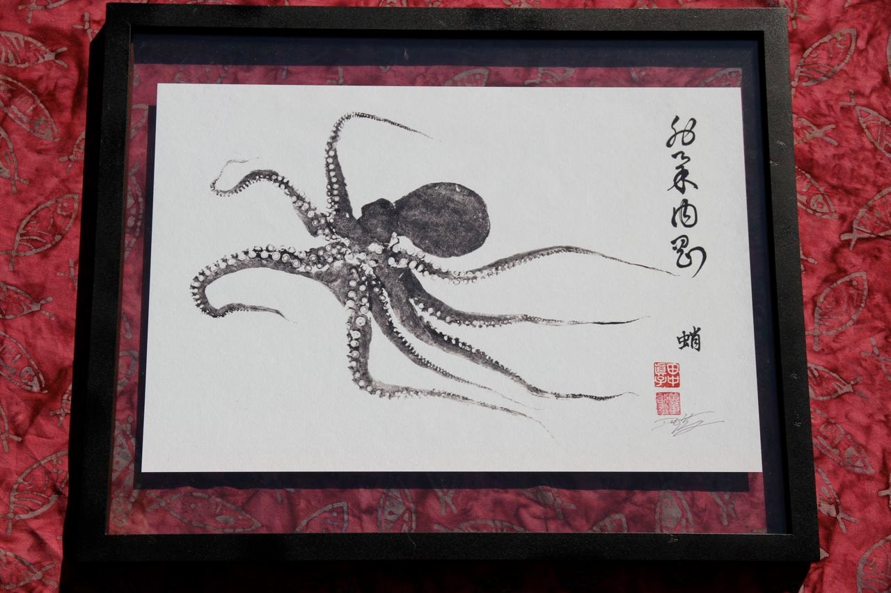 FLYING OCTOPUS- GYOTAKU / Calligraphy print - traditional Japanese fish art - by dowaito