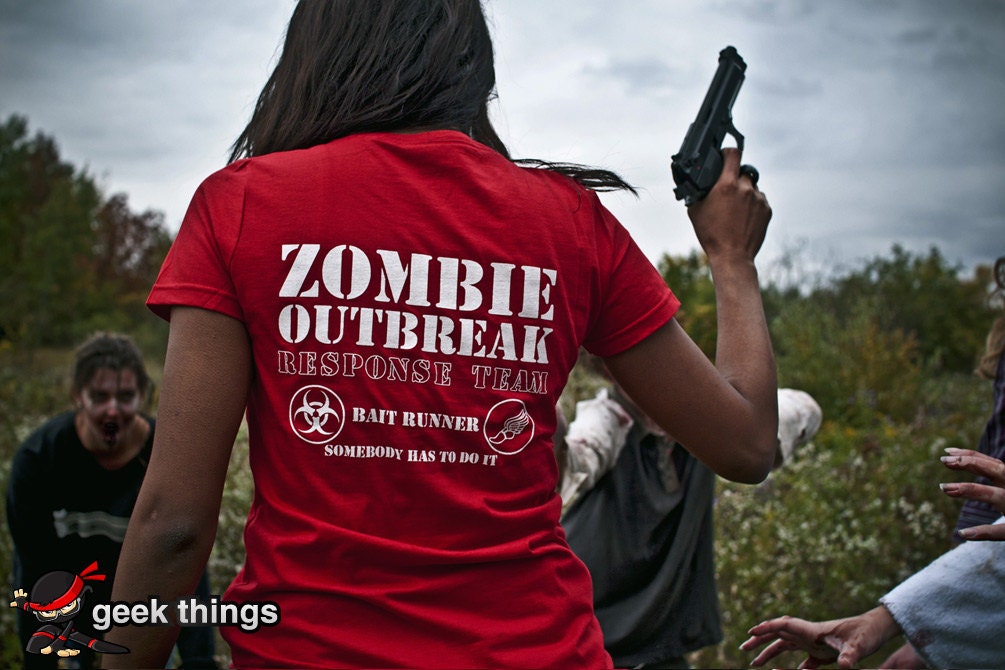 Ladies zombie Tshirt outbreak response team womens geekery t shirt 2 sided bait runner geek zombie killer red top great gift for girlfriend