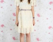 Vintage mini dress w/ bow shoulders - floral white ruffle hem V-neck S-M