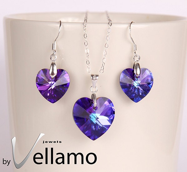 Purple jewelry set with earrings and necklace with Heliotrope Swarovski hearts, sterling silver