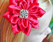 Flower hair fascinator/ brooch, fabric flower, Kanzashi satin, vintage button