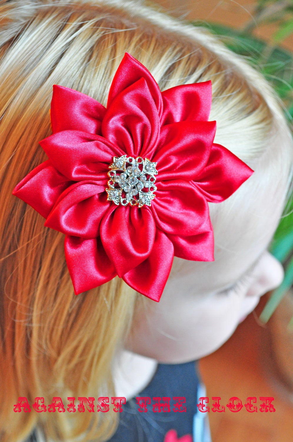 Flower hair fascinator/ brooch, fabric flower, Kanzashi satin, vintage button