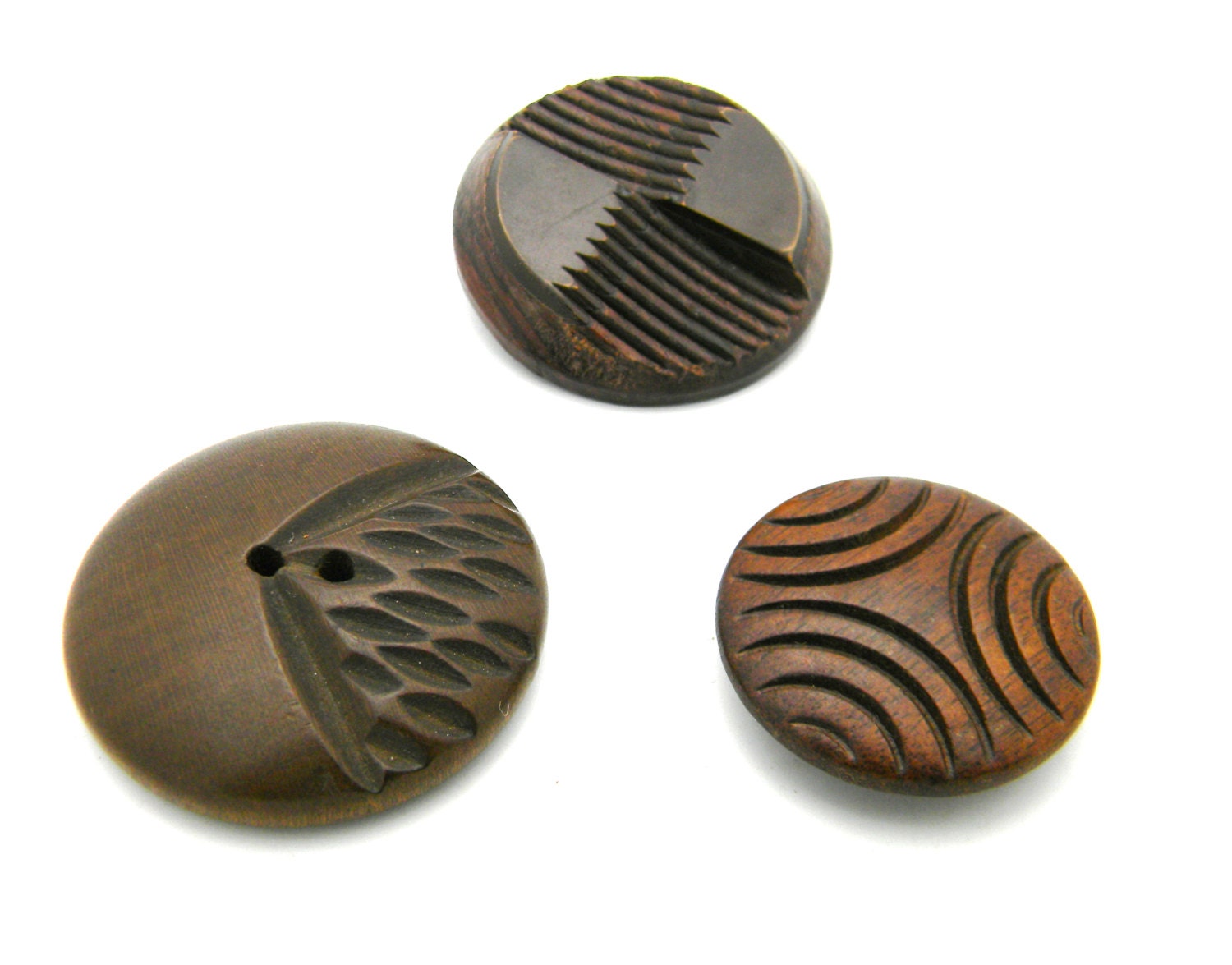 Vintage Carved Wood Buttons Set, Mid Century, Circle, Brown, Tan