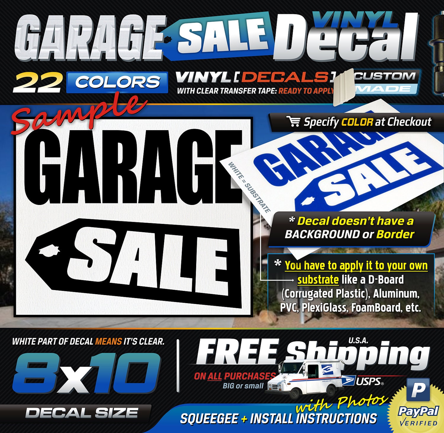 8x10 (1) GARAGE SALE Sign for Substrate like D-Board (MEDIUM) 1 Color Vinyl Decal