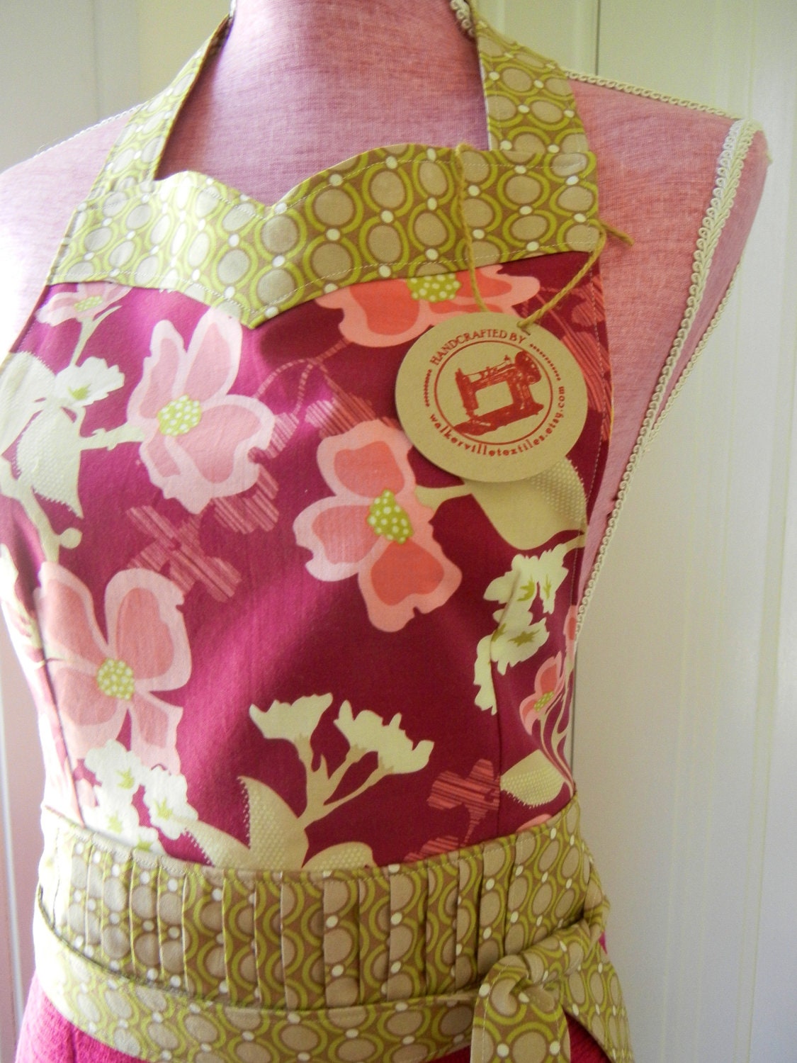 Fall trees reversible zippered dishcloth apron  - women's full apron - yellow - raspberry  - green