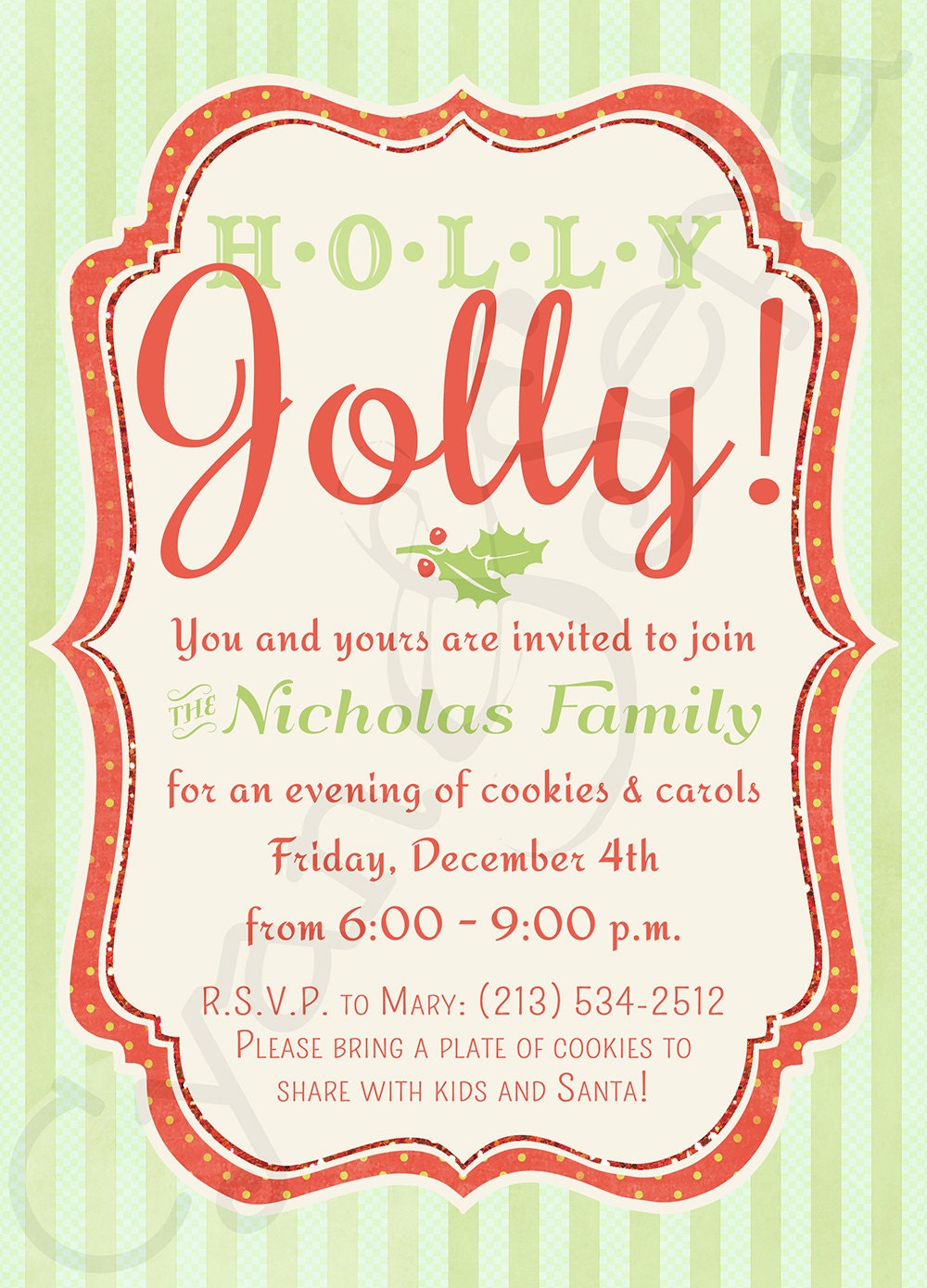 Printable Christmas Holiday Party Invitation - 5x7 - Holly Jolly - Red Lime Green Stripe Modern Retro Typography Script Scrapbook