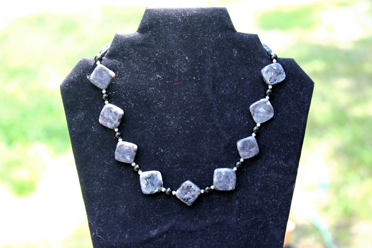 Square Larvakite Marble Stones & Round Black Onyx Beaded Necklace Gift