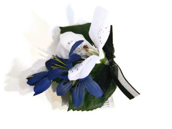 Blue and White corsage, lilies, wrist corsage, prom corsage, wristlet. artificial flowers, silk flowers, lily, black ribbon
