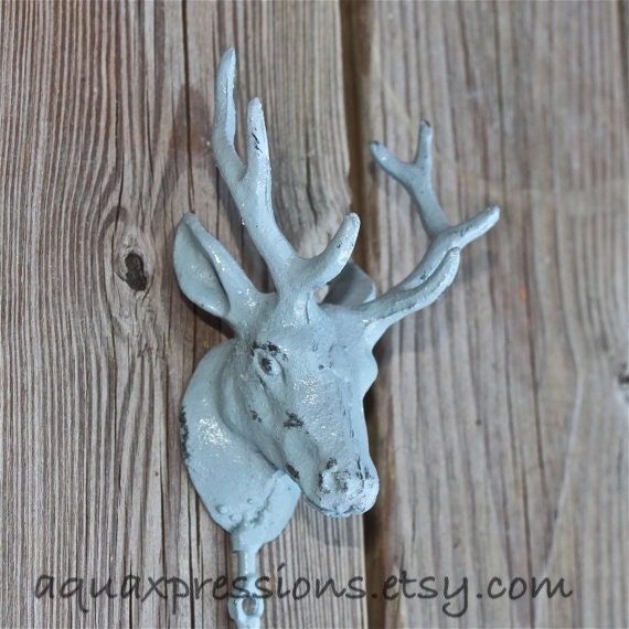 LIGHT GRAY Deer w/ Antlers Wall Hook /Shabby Chic /Lodge, Cabin Decor /Grey Towel Holder /Metal Accessory Hanger /Boys Room /Man Cave