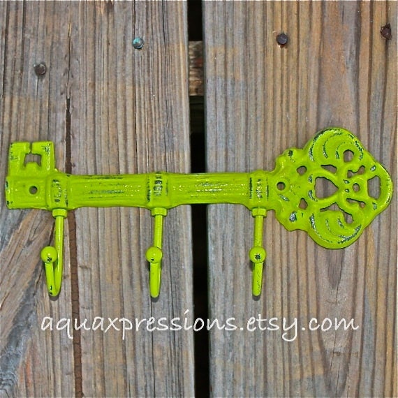 Cast Iron /Lime Green /Key Hook /Wall Hanger/  Skeleton Key Rack/ Fun Elegant Wall Decor/ Cottage Shabby Chic / Painted Distressed Metal
