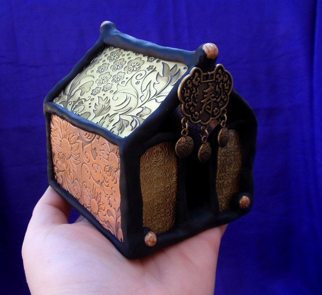 Spirit House Sculpture Mixed Media Polymer Clay And Metal